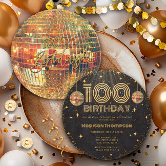 Schwarze Gold-Diskokugel Golden Geburtstag 100. Pa Einladung