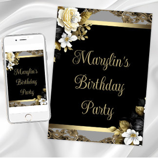 Schwarze Gold Elegante Blumengeburtsparty Einladung
