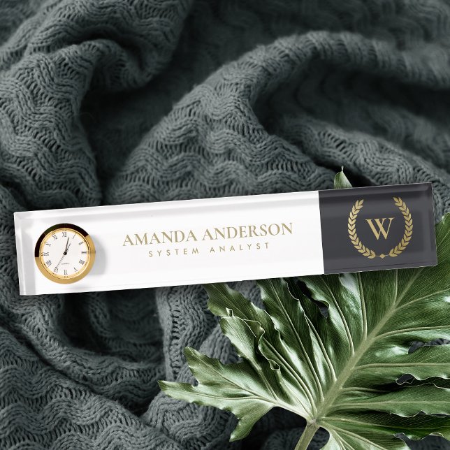SCHWARZE GOLD FLORAL LAUREL WREATH ERSTE MONOGRAMM NAMENSPLAKETTE (Von Creator hochgeladen)