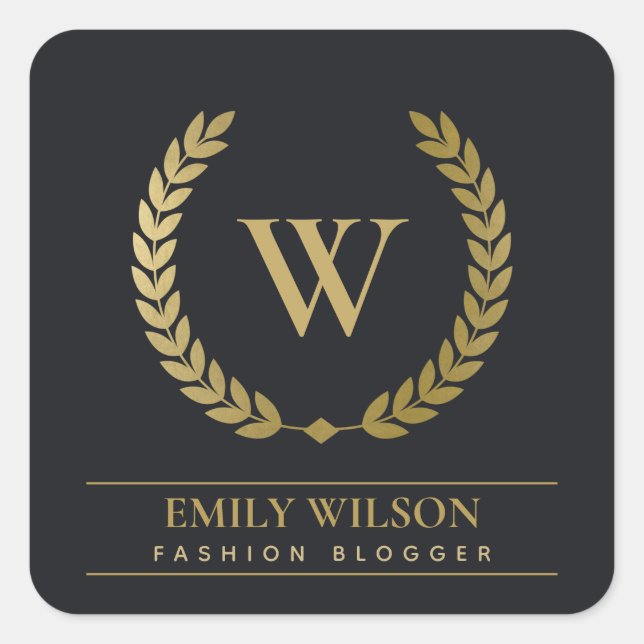SCHWARZE GOLD FLORAL LAUREL WREATH ERSTE MONOGRAMM QUADRATISCHER AUFKLEBER (Vorderseite)