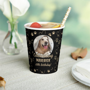 Schwarze Gold-Foto-Pfotenabdruck-Hundegeburtstagsf Pappbecher
