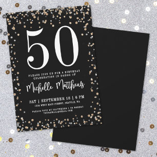 Schwarze Gold Glitter 50. Geburtstagsfeier Einladung