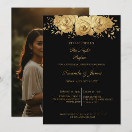 Schwarze Gold-Glitter-Blumen-Foto-Probeessen Einladung