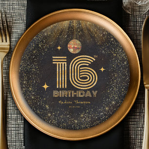 Schwarze Gold Glitter Disco Ball Party 16. Geburts Pappteller