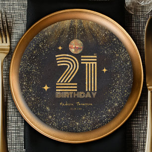 Schwarze Gold Glitter Disco Ball Party 21. Geburts Pappteller