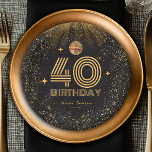 Schwarze Gold Glitter Disco Ball Party 40. Geburts Pappteller