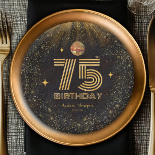 Schwarze Gold Glitter Disco Ball Party 75. Geburts Pappteller