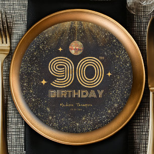 Schwarze Gold Glitter Disco Ball Party 90. Geburts Pappteller