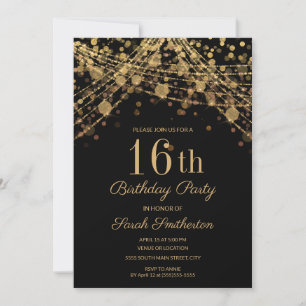 Schwarze Gold-Glitter-Lichterkette zum 16. Geburts Einladung