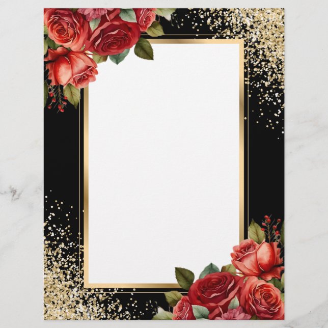 Schwarze Gold Glitter-Rosen Briefbogen (Vorderseite)
