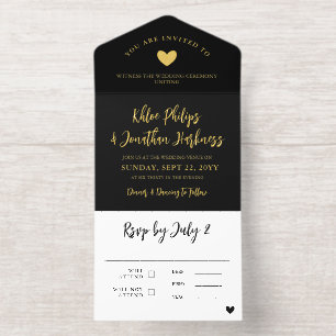 Schwarze Gold-Herzpinsel-Schrift Informelle Hochze All-in-One-Einladung