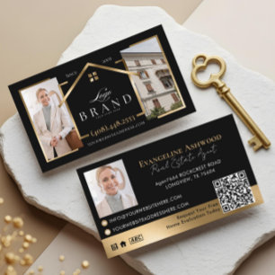 Schwarze Gold-Immobilienmakler-Foto-Logo-QR-Code Visitenkarte
