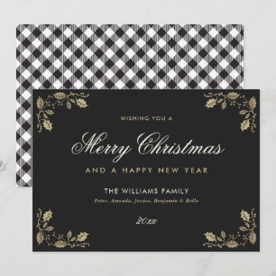Schwarze Gold-Karo-Weihnachts- und Frohes-Neues-Ja Feiertagskarte