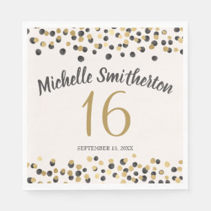 Schwarze Gold Konfetti Glitter 16. Geburtstag Serviette