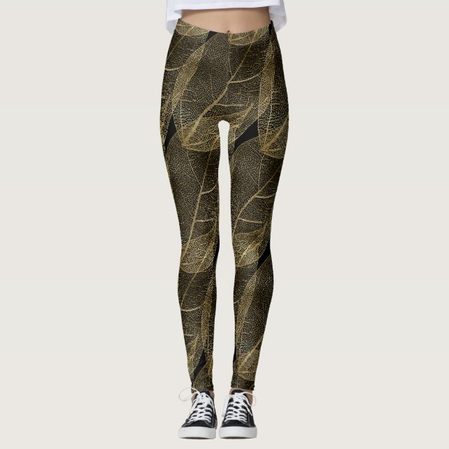 SCHWARZE GOLD LEAF Muster Leggings Aktivbekleidung (Vorderseite)