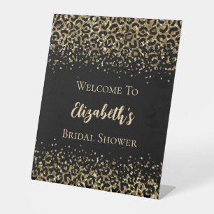 Schwarze Gold-Leoparden-Druck Glitter-Bridal-Showe Sockelschild