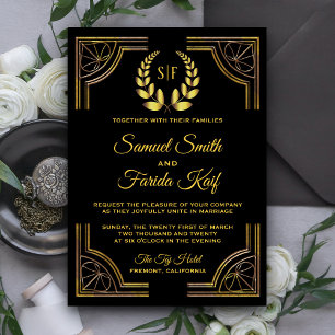 Schwarze Gold-Lorbeer-Monogramm-Hochzeits-Einladun Einladung
