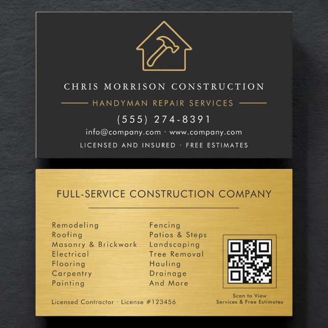 Schwarze Gold-Metall-Handwerker-QR-Code-Konstrukti Visitenkarte (Von Creator hochgeladen)