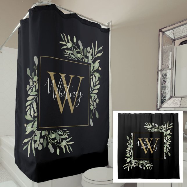 Schwarze Gold Monogram Greenery Duschvorhang (Black Gold Monogram Greenery Floral Shower Curtain)