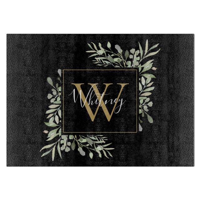 Schwarze Gold Monogram Greenery Schneidebrett (Vorderseite)