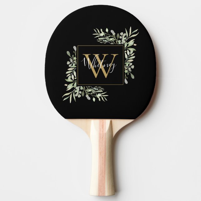Schwarze Gold Monogram Greenery Tischtennis Schläger (Vorderseite)