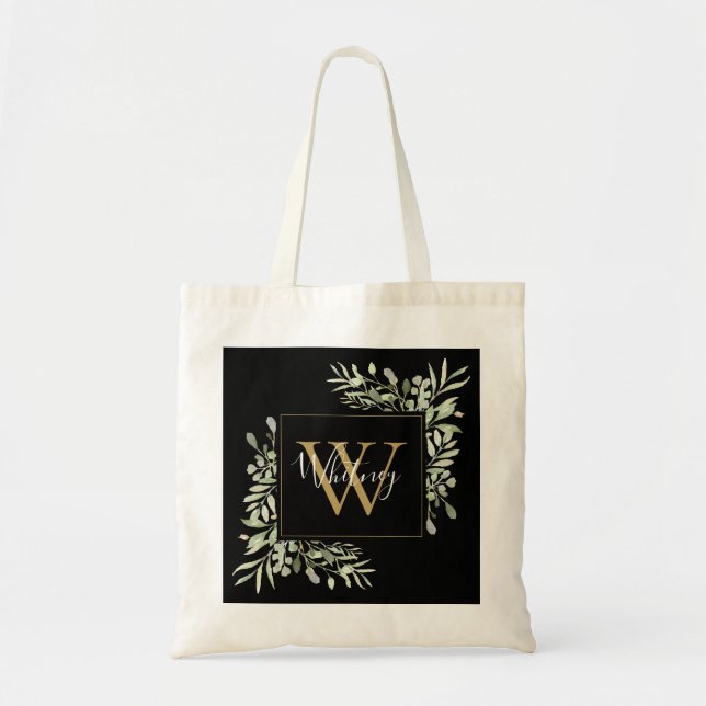 Schwarze Gold Monogram Greenery Tragetasche (Vorne)