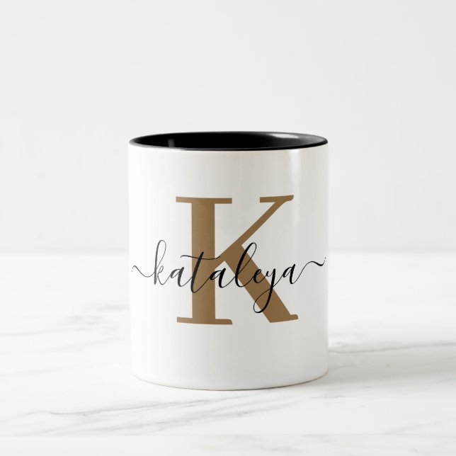 Schwarze Gold Monogramm Elegantes Schriftzug Name  Zweifarbige Tasse (Mittel)