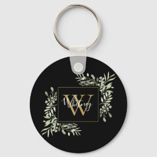 Schwarze Gold-Monogramm-Grünpflanzen-Blumen Schlüsselanhänger