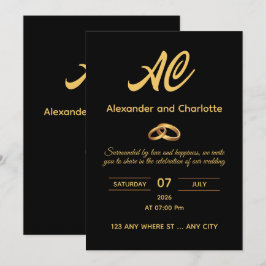 Schwarze Gold-Monogramm-Hochzeitseinladung Einladung