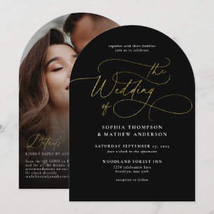 Schwarze Gold QR Code Rsvp All-in-One-Bogen-Hochze Einladung
