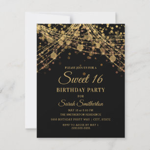 Schwarze Gold-Sparkling-Lichterkette Sweet 16 Einladung