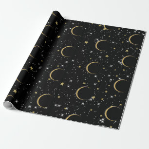 Schwarze Gold Sterne Mond Magie Geburtstagsfeier Geschenkpapier