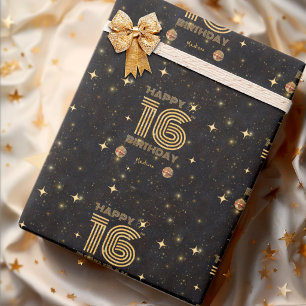 Schwarze Gold tanzende Disco-Kugel 16. Geburtstag Geschenkpapier
