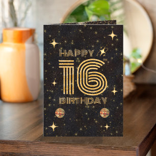 Schwarze Gold tanzende Disco-Kugel 16. Geburtstag Karte
