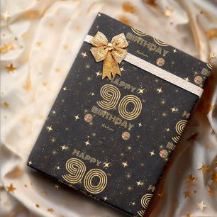 Schwarze Gold tanzende Disco-Kugel 90. Geburtstag Geschenkpapier