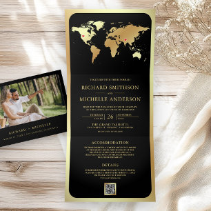 Schwarze Gold Weltkarte QR-Code Foto Hochzeit Dreifach Gefaltete Einladung