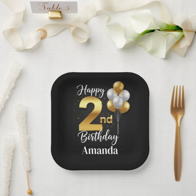 Schwarze Goldballons 2. Geburtstagsplatte Pappteller (Hochzeit)