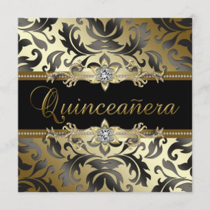Schwarze Golddamast Quinceanera Einladungen