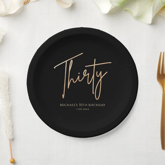 Schwarze & Goldene 30. Geburtstagsparty-Papierplat Pappteller (Black & Gold 30th Birthday Party Paper Plates)
