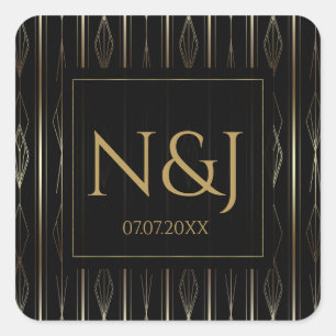 Schwarze & Goldene Art Deco-Brautparty Quadratischer Aufkleber