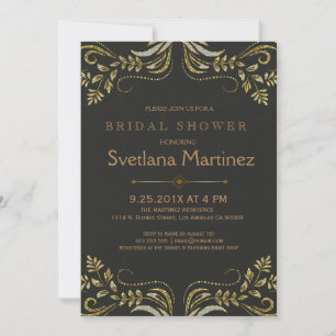 Schwarze & goldene Blumen-Spitze 2 Brautparty-Einl Einladung