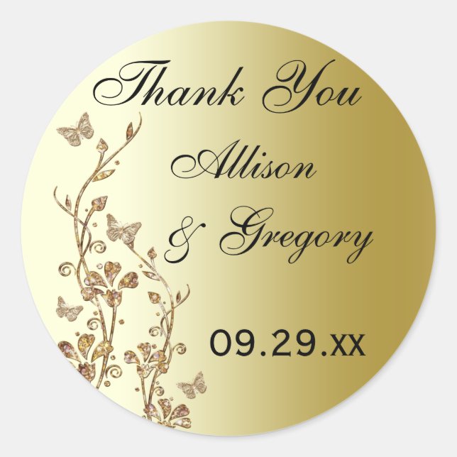 Schwarze, goldene Flora mit Schmetterlingskleber Runder Aufkleber (Vorderseite)