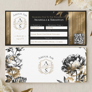 Schwarze Goldene Florale Bordkarte Hochzeitseinlad Einladung