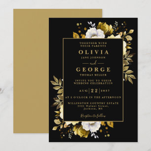 Schwarze goldene florale botanische moderne Hochze Einladung