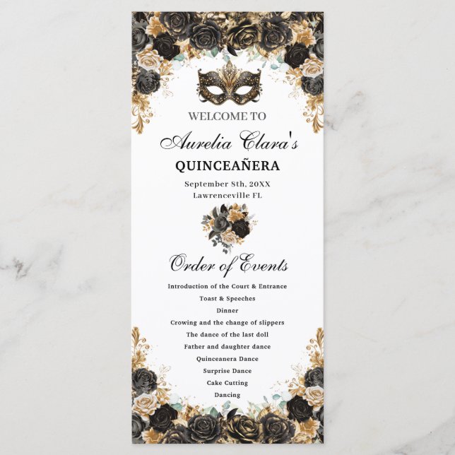 Schwarze Goldene Florale Maskerade-Maske Quinceañe Programm (Vorderseite)