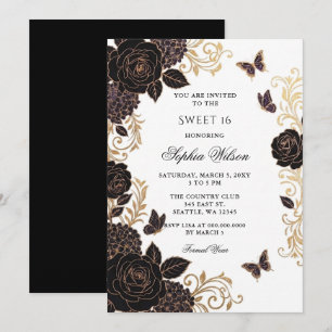 Schwarze Goldene Florale Schmetterling Sweet 16 Einladung