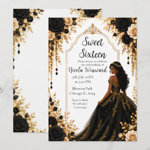 Schwarze Goldene Florale Sweet Sixteen-Party Einladung