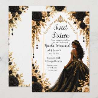 Schwarze Goldene Florale Sweet Sixteen-Party Einladung