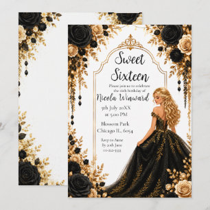 Schwarze Goldene Florale Sweet Sixteen-Party Einladung
