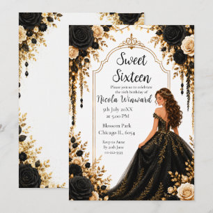 Schwarze Goldene Florale Sweet Sixteen-Party Einladung